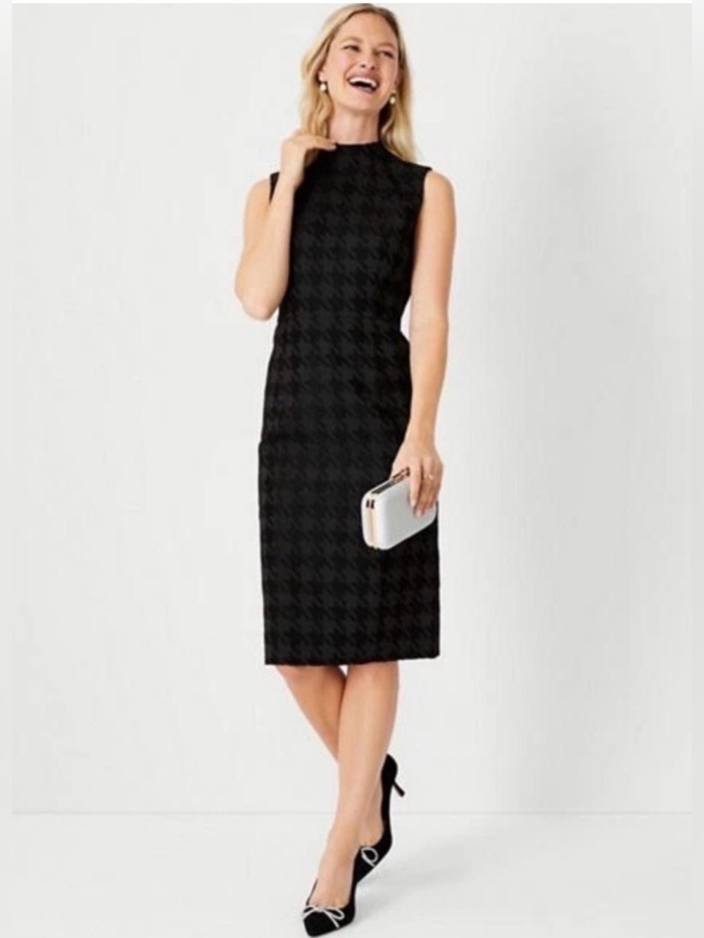 Ann Taylor Black Houndstooth Sleeveless Sheath Dress NWT